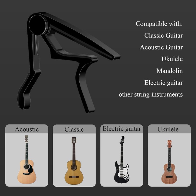 DIDA Guitar Capo for Acoustic, Classical, Electric Guitars, Ukulele, Mandolin, Banjo, and other string musical instruments, Quick Release, Memory Silicone Pad, Buzzing-Free (Black & Black) - Image 2